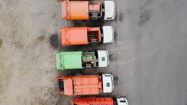 Equipment for cleaning garbage from city streets. View from top to bottom. Old machinery trucks for garbage collection