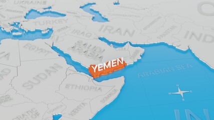 Yemen highlighted on a white simplified 3D world map. Digital 3D render.