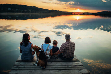 family of four people sitting on the shore on a wooden bridge of a large lake in summer and watching the beautiful sunset with dog back view