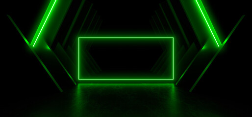 A dark corridor lit by colorful neon lights. Reflections on the floor and walls. 3d rendering image.