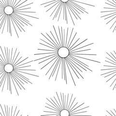 Obraz premium Sun dandelion chamomile daisy seamless pattern. Summer black flower rays. Sunlight sketch. Plant bloom. Fireworks at sky. Hand drawn illustration.
