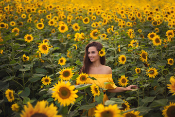 Romantic summer portrait of a young beautiful girl in a yellow dress standing in a sunflower field at sunset