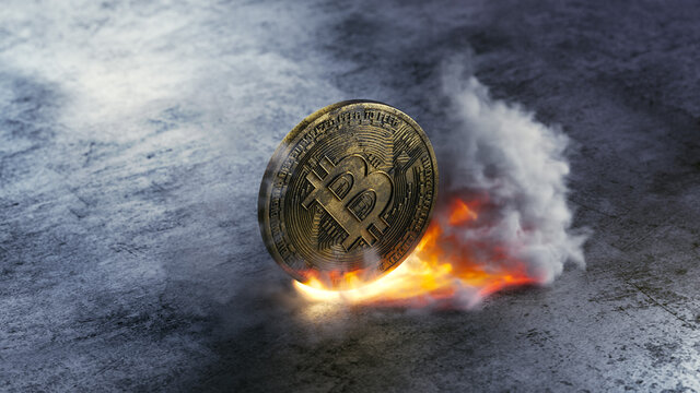 Close up of a bitcoin on fire