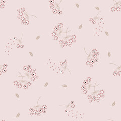 Vector seamless pattern with small scattered pink flowers, leaves. Liberty style print in pastel colors. Elegant floral background. Simple ditsy texture. Modern repeat design for wallpapers, textile