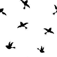 Simple vector graphic monochrome seamless repeat pattern with little black birds flying on a white background 