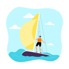 Young woman riding sailboat with wind and enjoying trip under yellow sail