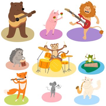 Set of different funny animals playing various musical instruments