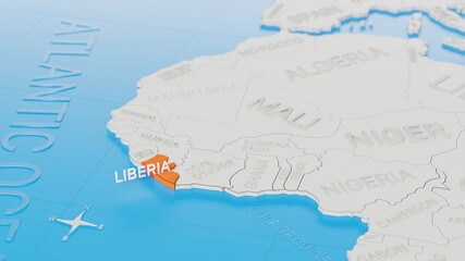 Liberia highlighted on a white simplified 3D world map. Digital 3D render.
