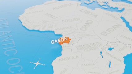 Gabon highlighted on a white simplified 3D world map. Digital 3D render.
