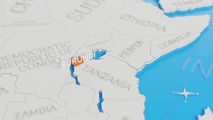 Burundi highlighted on a white simplified 3D world map. Digital 3D render.