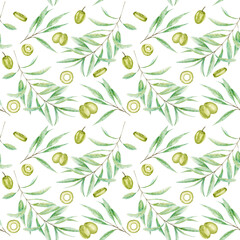 Seamless pattern Watercolor green olive tree branch leaves, Realistic olives illustration on white background, Hand painted fabric texture. Design for invitations, poster, greeting card, label concept