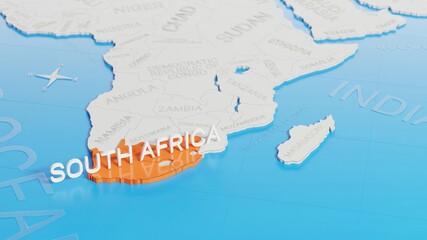 South Africa highlighted on a white simplified 3D world map. Digital 3D render.