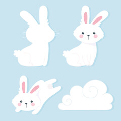 happy mid autumn festival, white rabbits cartoon and cloud icons