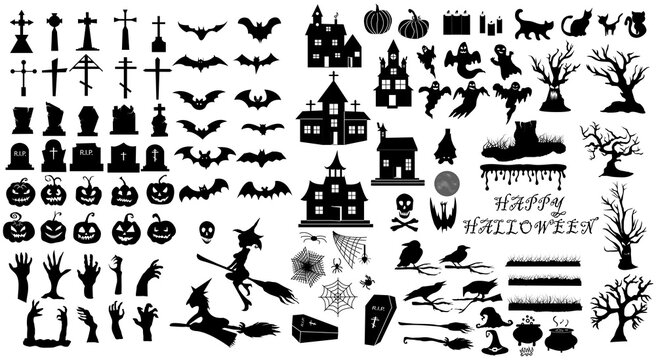 Collection of halloween, icons, black. Set of silhouettes of Halloween on a white background for celebration, template and decoration. Vector illustration.