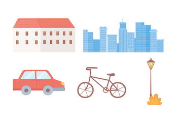 building cityscape car bike and lamp icons set