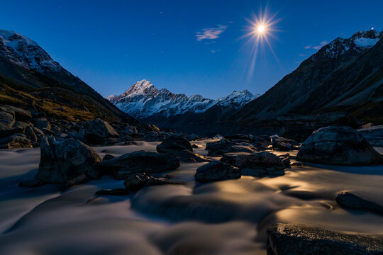 View of Mount Cook and Hooker Lake at moonrise