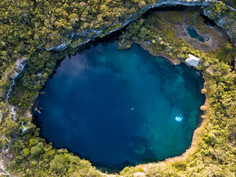 Overhead view of cenote surrounded by trees