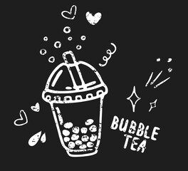 Vector sketch of bubble tea in plastic cup with straw and doodles. Hand drawn illustration isolated on dark gray background, chalk texture