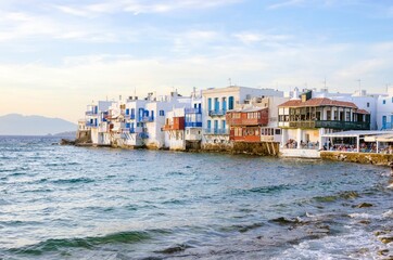 View of coffee shops and restaurants by sea