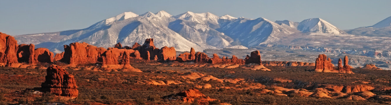 View of La Sal Mountains and the Windows section of Arches National Park