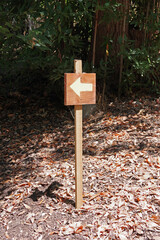 Posted wooden sign with a yellow arrow showing the direction of a hiking trail 