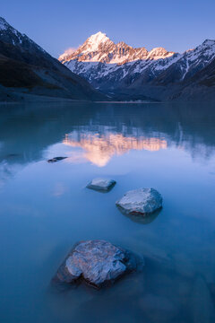 Scenic view of Mount Cook and Hooker Lake during sunset