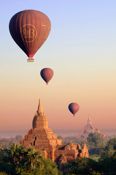 View of hot air balloons over temples of Old Bagan
