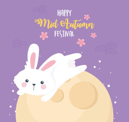 happy mid autumn festival, jumping rabbit on full moon with sakura flowers