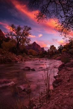 Scenic View Of River During Sunset In Zion National Park