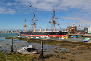 HMS Warrior In Portsmouth Harbour at Low tide