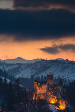 Exterior view of Bran Castle during sunset