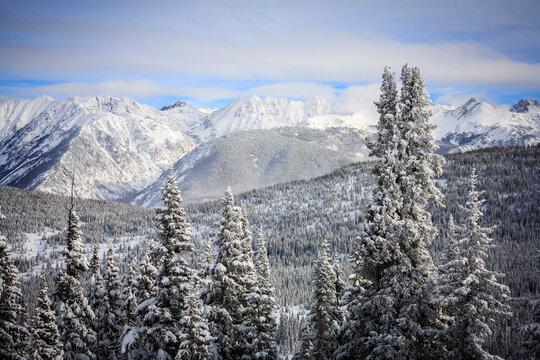 View of mountains and forest in winter storm in Vail, Colorado