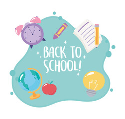 back to school, glogal map clock apple paper pencil, elementary education poster