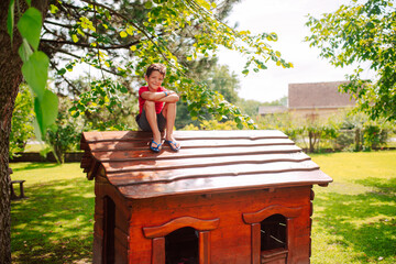 A beautiful caucasian  boy is playing in a wooden house in the park. A day in nature