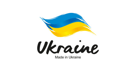 Made in Ukraine handwritten flag ribbon typography lettering logo label banner - obrazy, fototapety, plakaty