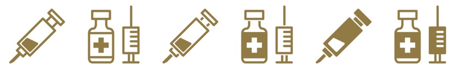 Syringe Injection Icon Gold | Syringes Illustration | Needle Bottle Symbol | Medicine Ampoule Logo | Inject Sign | Isolated | Variations