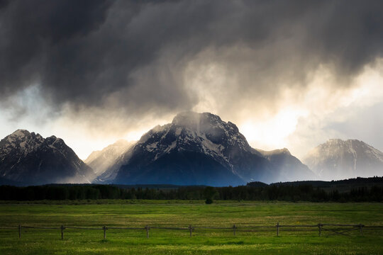 View of stormy clouds over Mount Moran in Grand Teton National Park