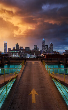 View of city with storm clouds in Charlotte, North Carolina
