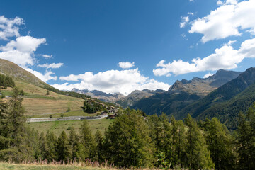 Fototapeta na wymiar View on the Ayas valley from Antagnod, Aosta valley. Italy