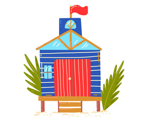 Tropical beach house, active, hot summer vacation, seaside hut, design cartoon style vector illustration, isolated on white. Green palm tree near cottage, rest on island, cozy wooden bungalow building