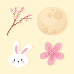 happy mid autumn festival, head rabbit sakura branch moon and flowers icons