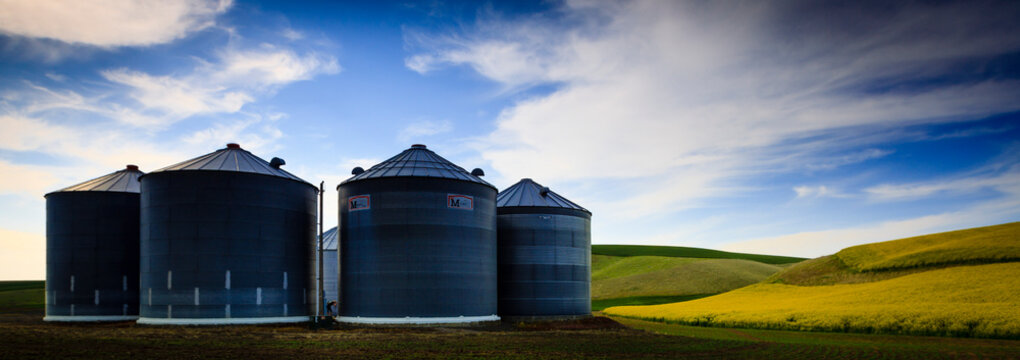 View of grain silos of farm in Palouse of Washington State, USA
