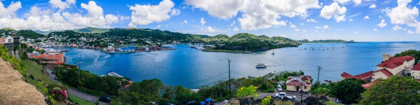 Large sailboat in sheltered cove of colorful Saint George's, Grenada