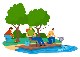 Green tourism, active recreation concept, outdoors, summer travel, design cartoon style vector illustration, isolated on white. Vacation forest, people in nature, men fishing, woman picking mushrooms.