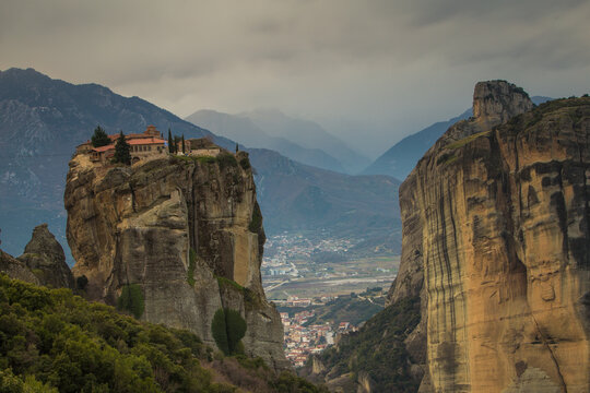 Scenic view of Meteora against mountains