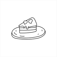 A piece of cake on a plate. Doodle element. Simple vector sketch illustration isolated on a white background