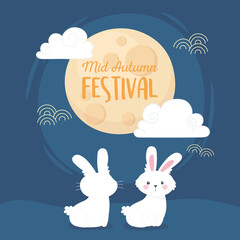 Obraz na płótnie Canvas happy mid autumn festival, cute white bunnies full moon clouds blue background
