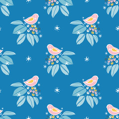 Vector botany winter berry pink bird pattern. Hand drawn folk art style design with bird, plant and snow flake in blue tones. All over print. Perfect for christmas season and winter holiday.