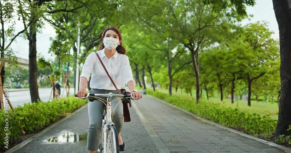 Wall mural wear facemask commute by bicycle