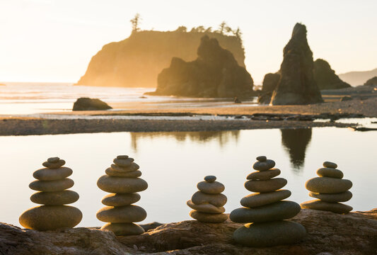 Stacks of rock cairns on Ruby Beach in Olympic National Park